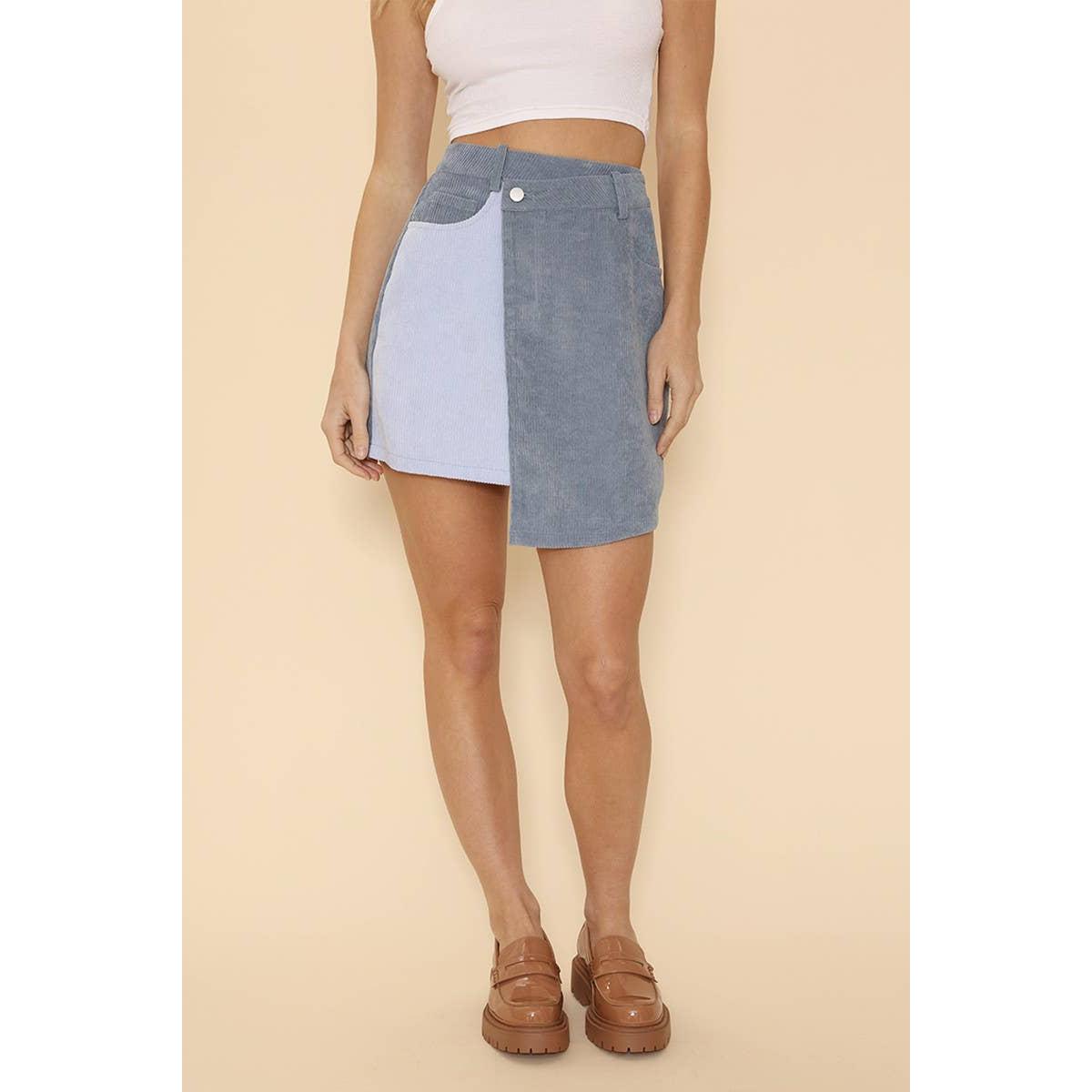 Two Tone Corduroy Wrap Skirt | Blue Corduroy Midi Skirt with Pockets | Vintage Style Utility Skirt