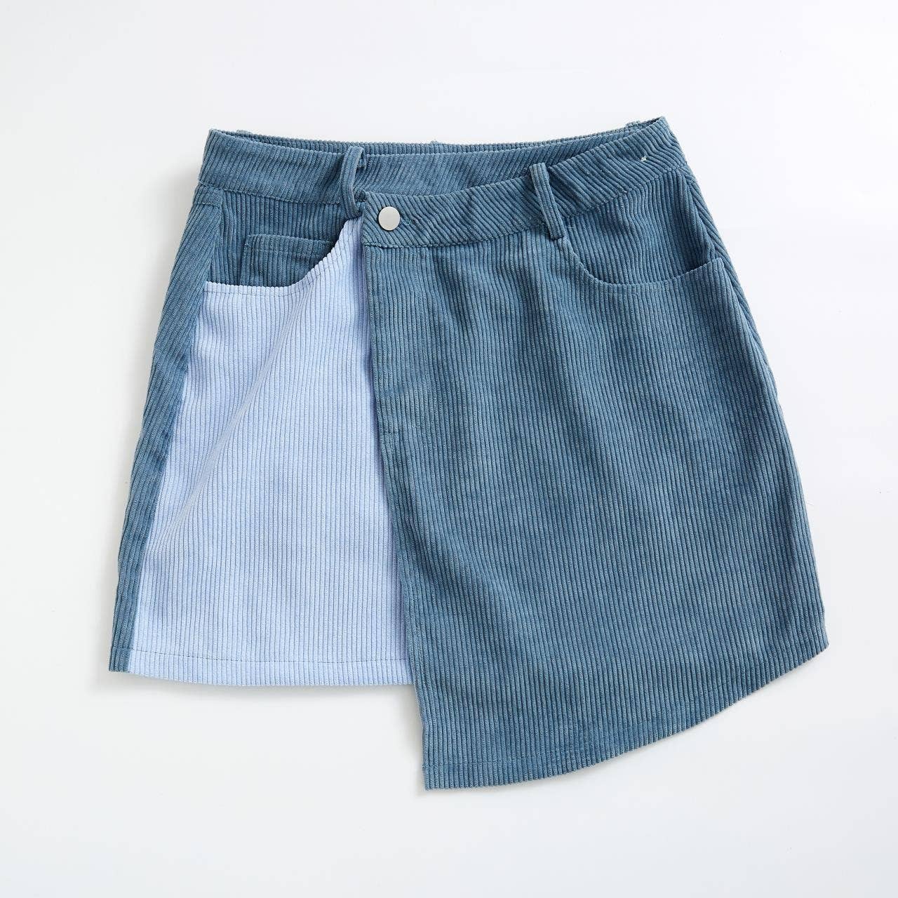 Two Tone Corduroy Wrap Skirt | Blue Corduroy Midi Skirt with Pockets | Vintage Style Utility Skirt