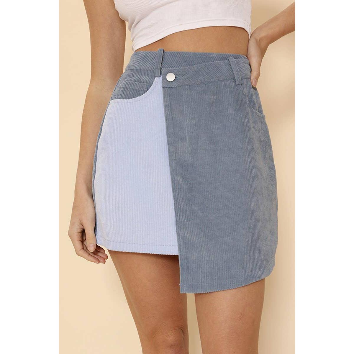 Two Tone Corduroy Wrap Skirt | Blue Corduroy Midi Skirt with Pockets | Vintage Style Utility Skirt