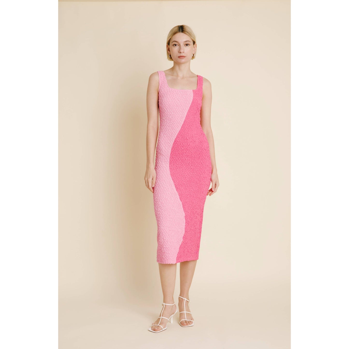 Two-Tone Pink Curve Smocked Midi Dress