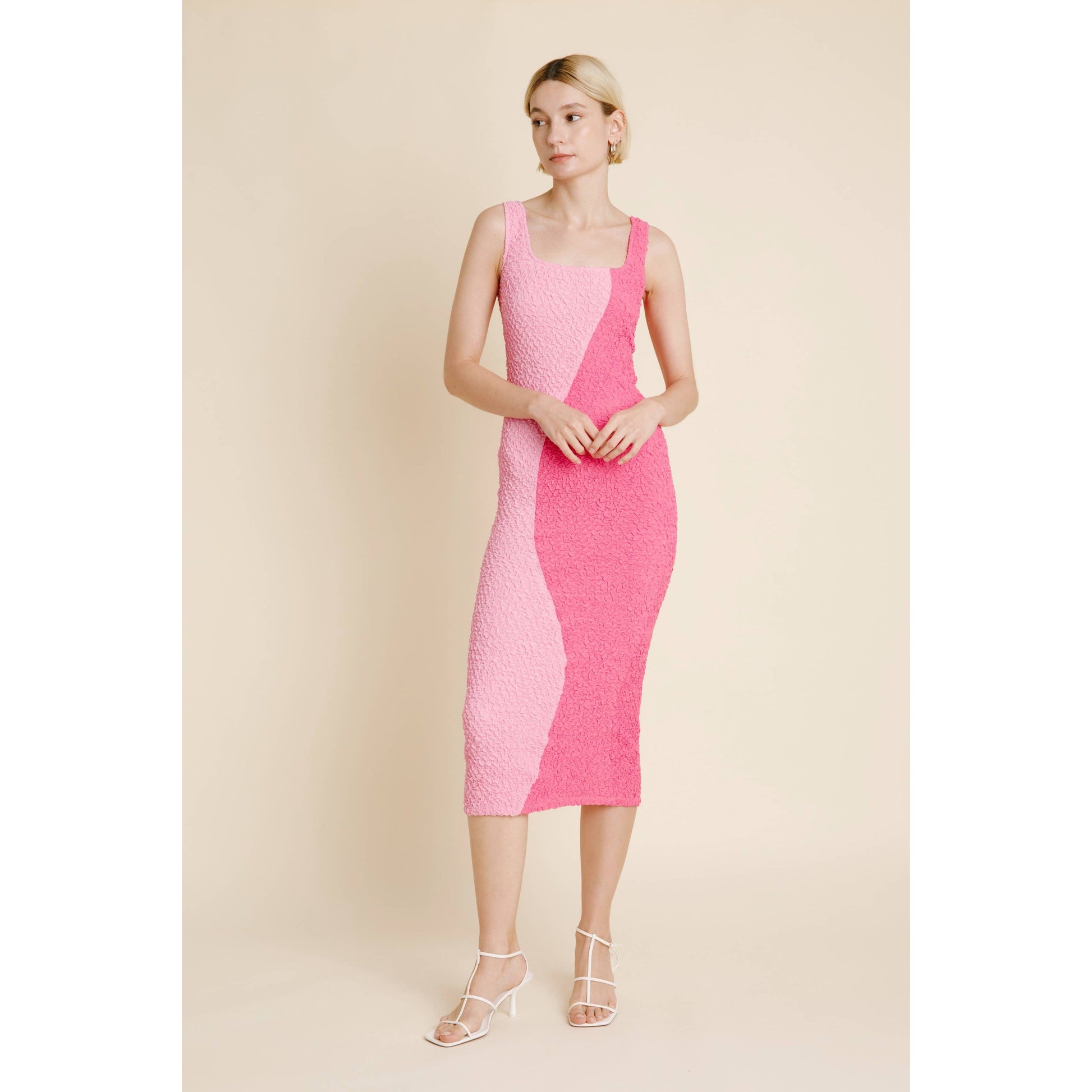 Two-Tone Pink Curve Smocked Midi Dress