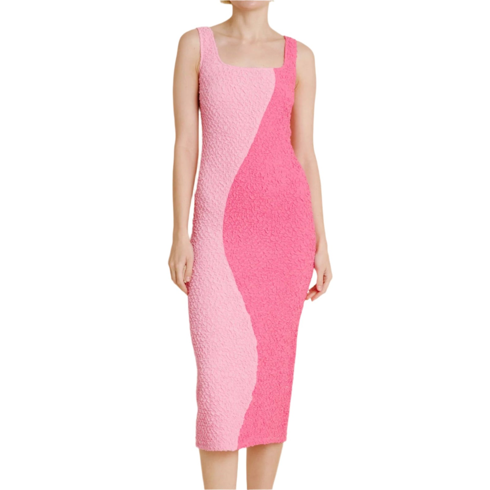 Two-Tone Pink Curve Smocked Midi Dress