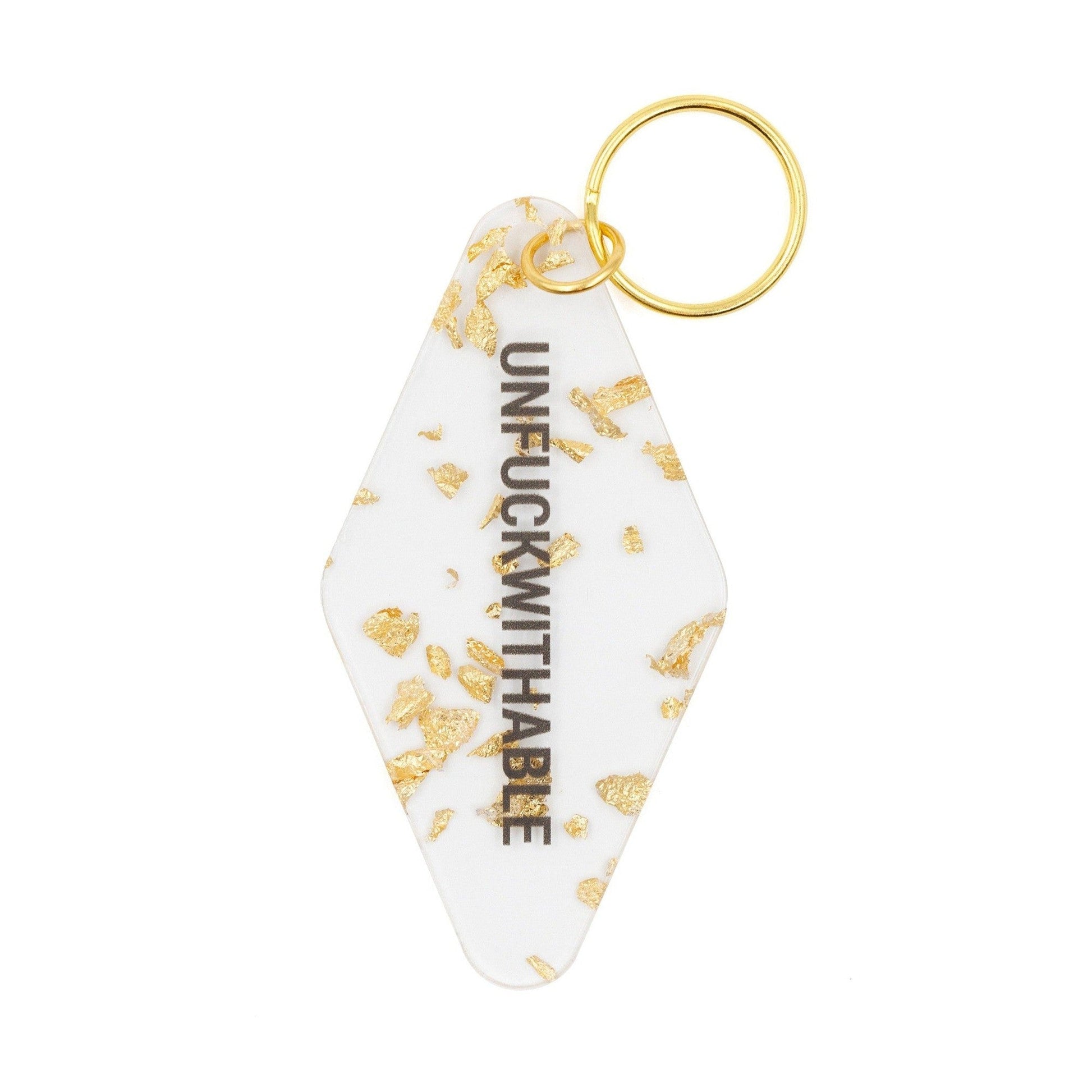 UNFUCKWITHABLE Motel Style Key Tag Keychain in Clear with Gold Leaf