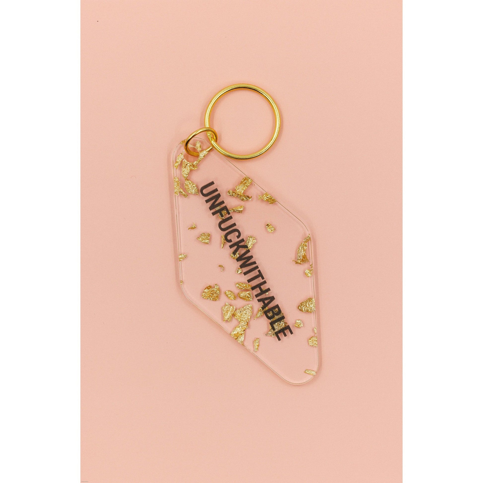 UNFUCKWITHABLE Motel Style Key Tag Keychain in Clear with Gold Leaf