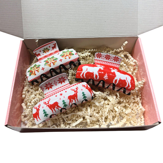 Ugly Christmas Sweater Hair Claw Gift Box | Boxed Set of 3 Holiday Hair Clips