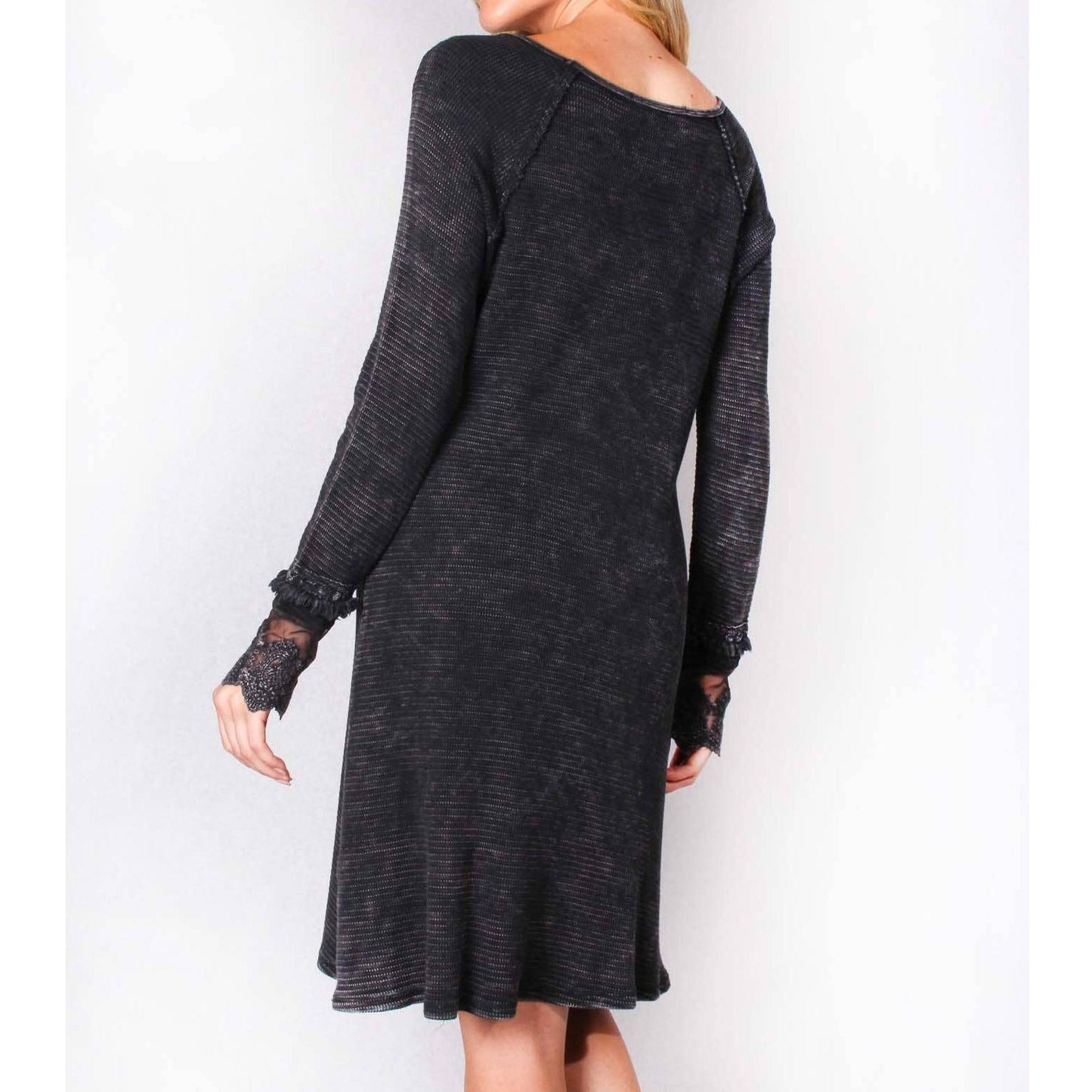 Ultimate '90s Princess Grunge Waffle Dress in Black with Lace Mesh Sleeve Detail | Y2K Mall Goth Long Sleeve Fall Winter Dress [SM-XL]