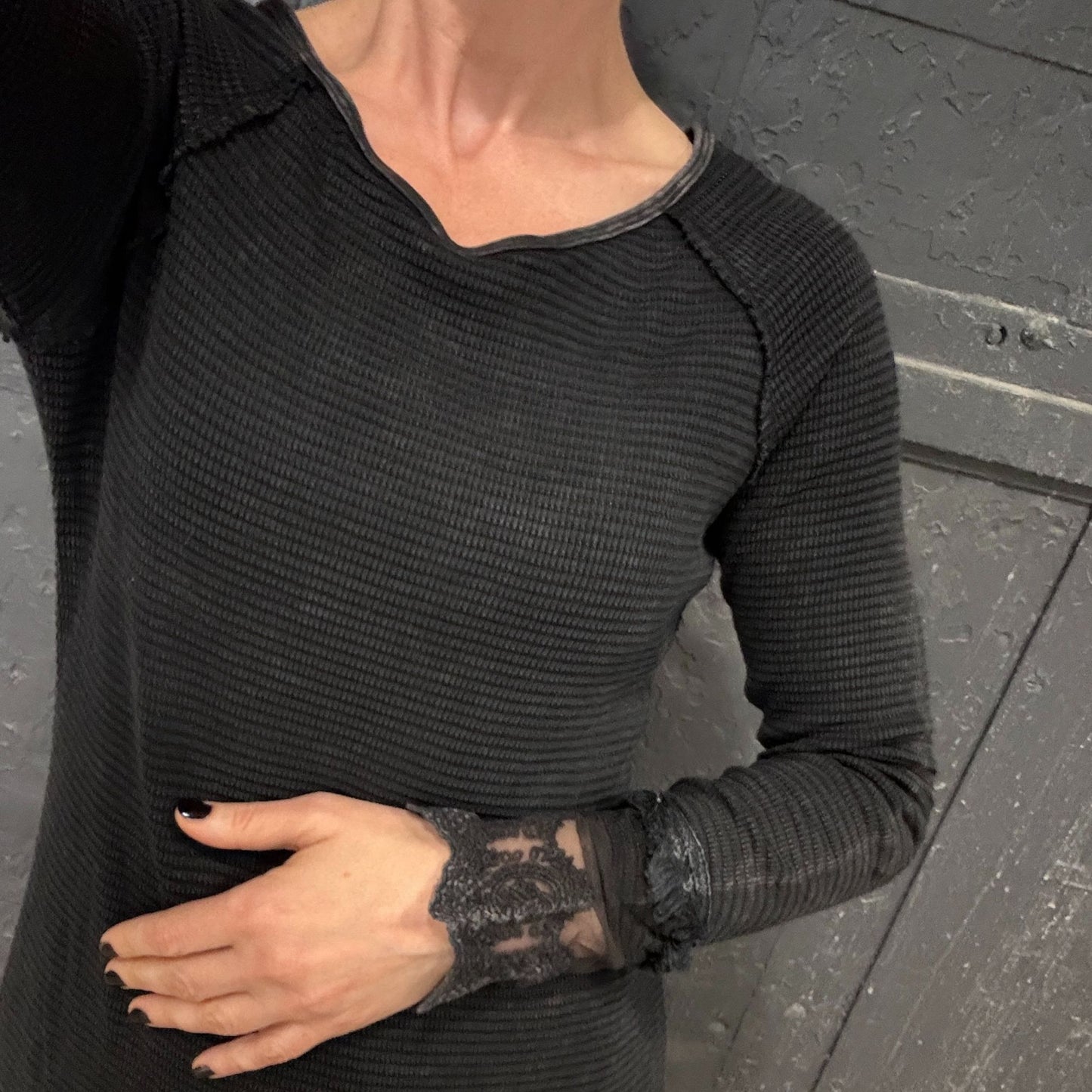 Ultimate '90s Princess Grunge Waffle Dress in Black with Lace Mesh Sleeve Detail | Y2K Mall Goth Long Sleeve Fall Winter Dress [SM-XL]