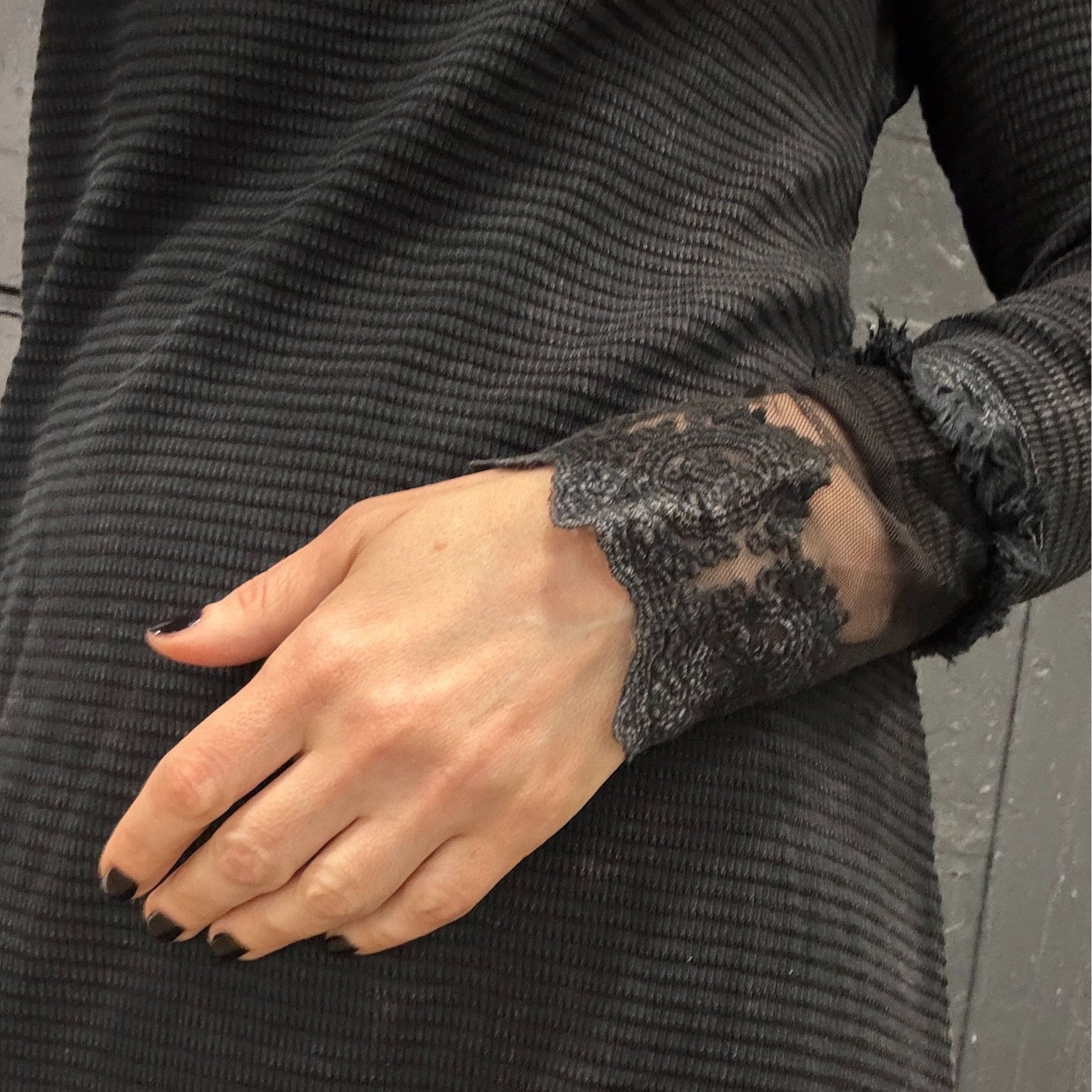 long sleeve grunge dress Ultimate '90s Princess Grunge Waffle Dress in Black with Lace Mesh Sleeve Detail