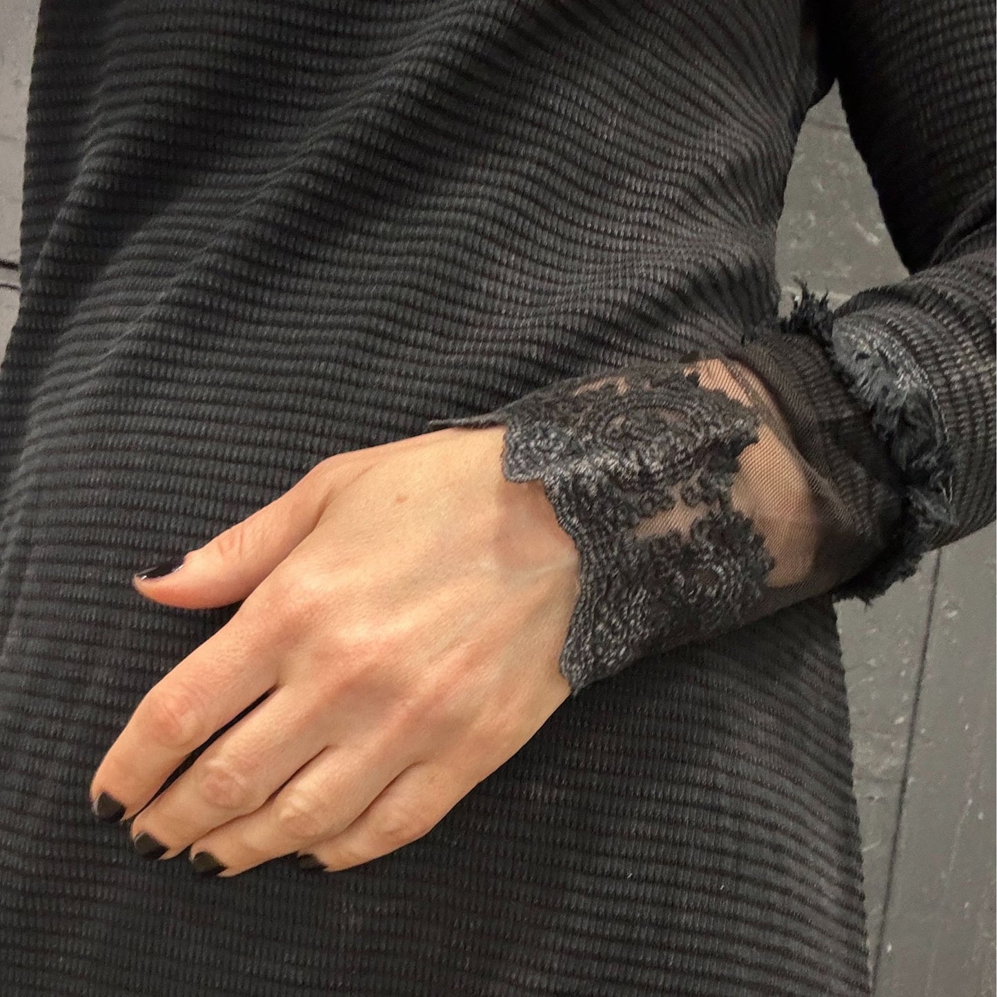 Ultimate '90s Princess Grunge Waffle Dress in Black with Lace Mesh Sleeve Detail | Y2K Mall Goth Long Sleeve Fall Winter Dress [SM-XL]