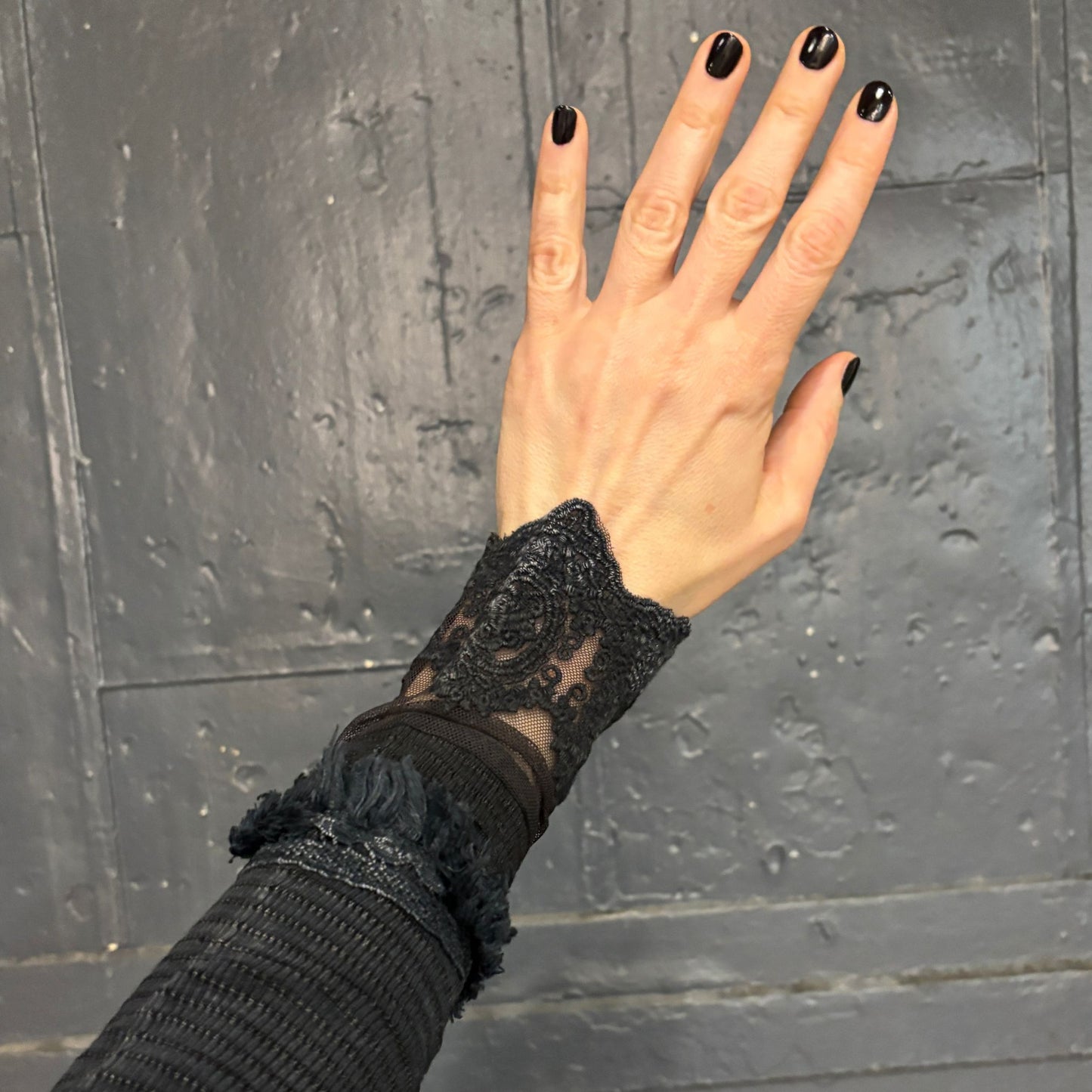 Ultimate '90s Princess Grunge Waffle Dress in Black with Lace Mesh Sleeve Detail | Y2K Mall Goth Long Sleeve Fall Winter Dress [SM-XL]