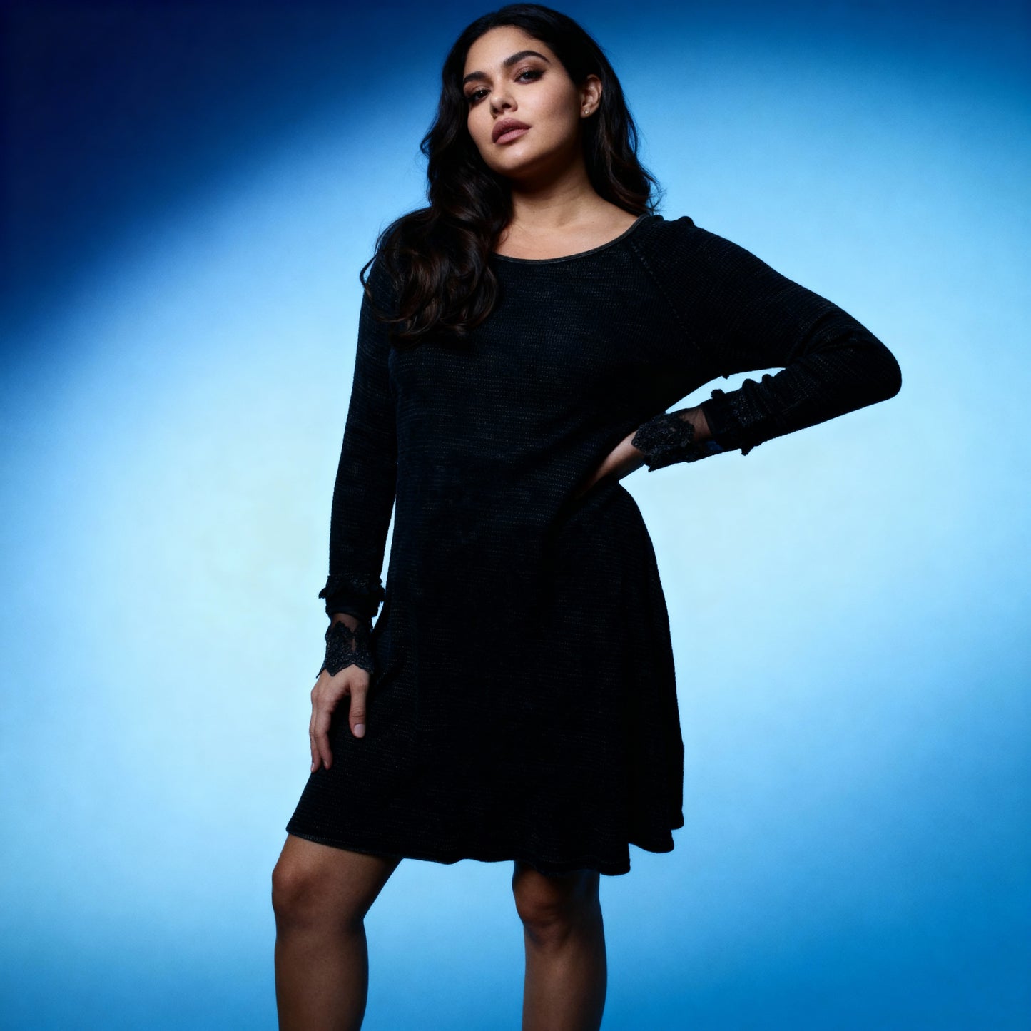 Ultimate '90s Princess Grunge Waffle Dress in Black with Lace Mesh Sleeve Detail | Y2K Mall Goth Long Sleeve Fall Winter Dress [SM-XL]