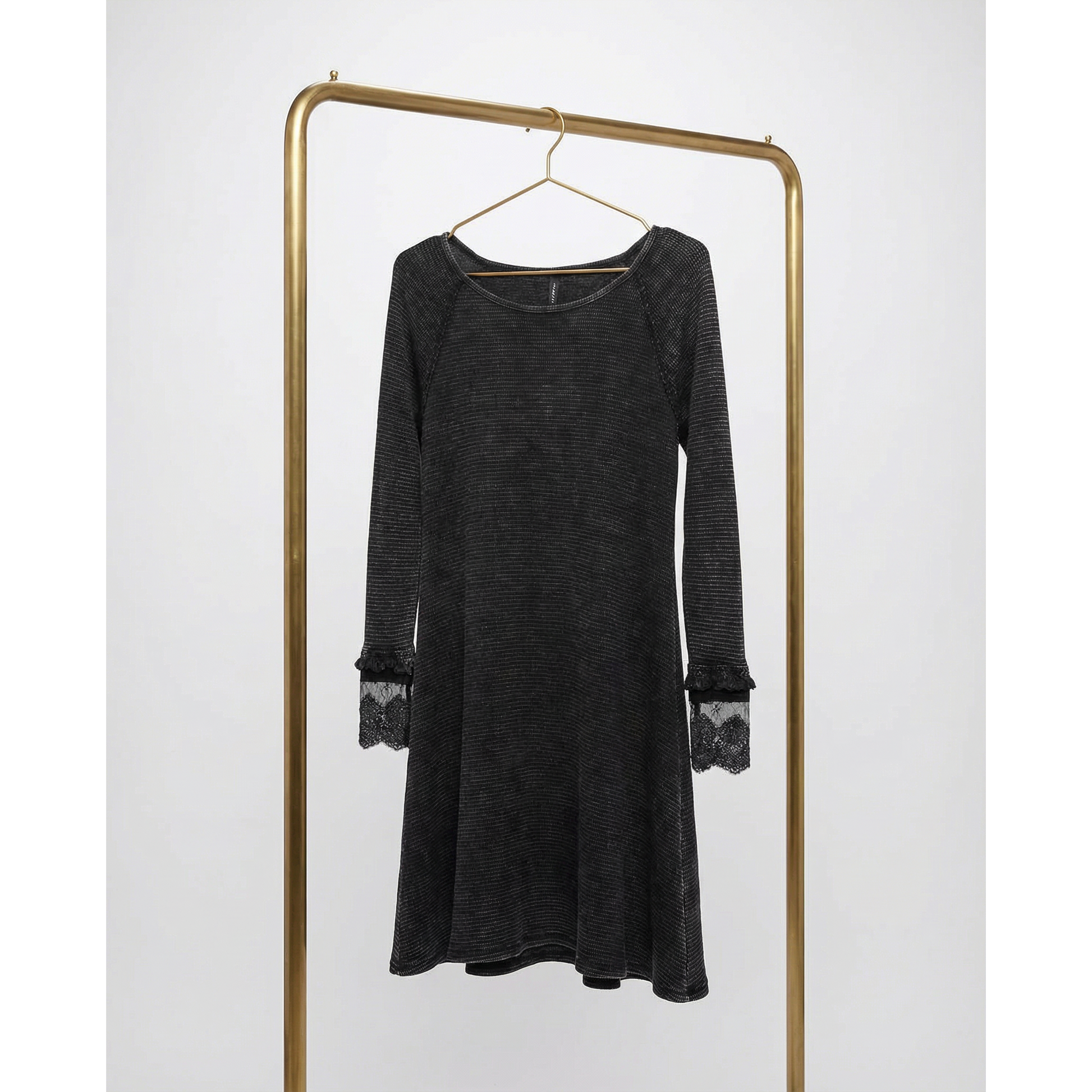 Ultimate '90s Princess Grunge Waffle Dress in Black with Lace Mesh Sleeve Detail Ultimate '90s Princess Grunge Waffle Dress in Black with Lace Mesh Sleeve Detail