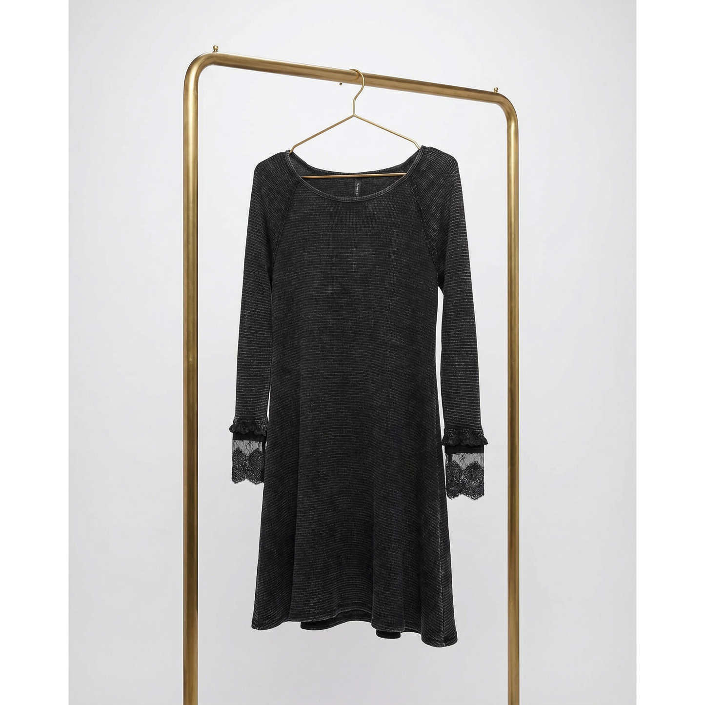 Ultimate '90s Princess Grunge Waffle Dress in Black with Lace Mesh Sleeve Detail | Y2K Mall Goth Long Sleeve Fall Winter Dress [SM-XL]