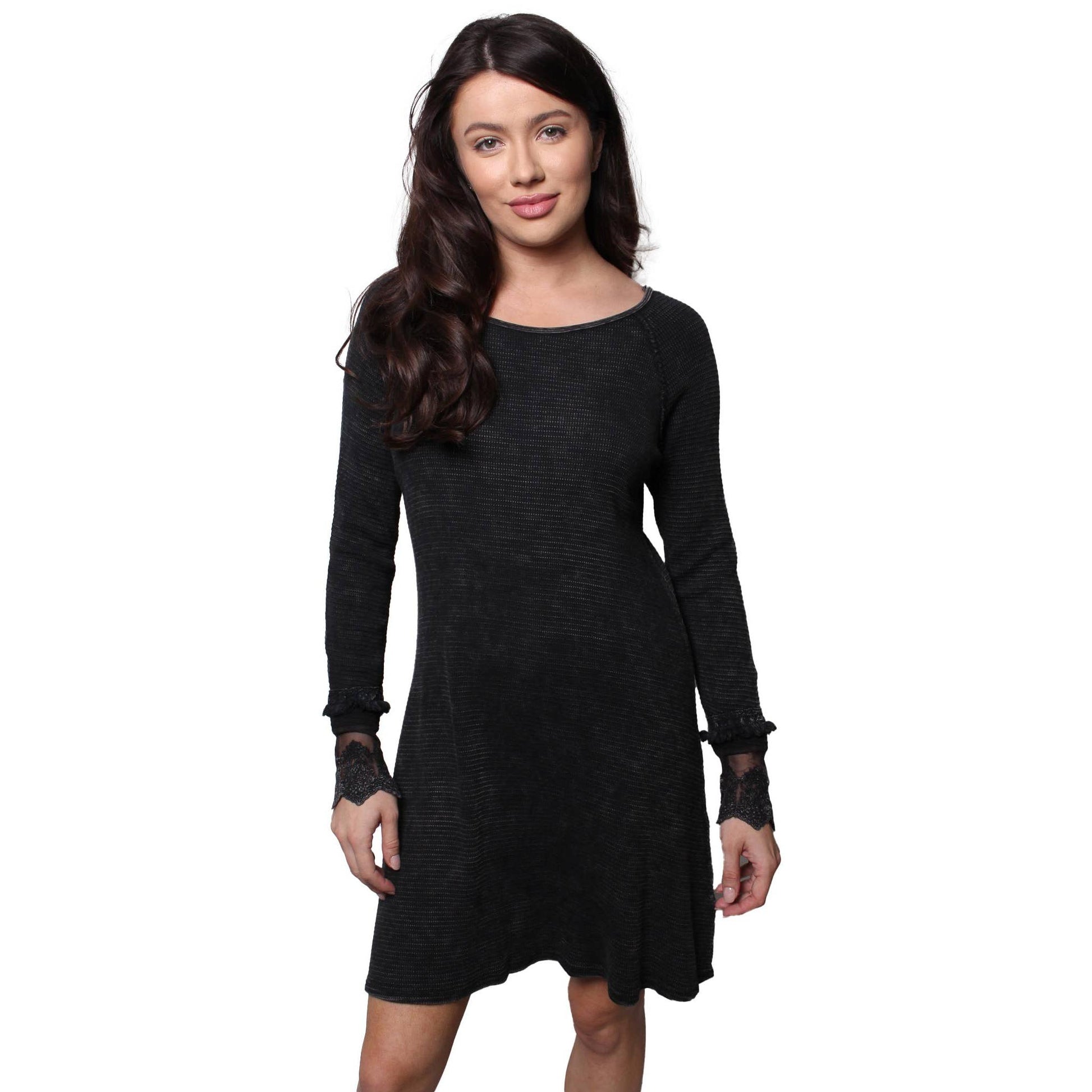 Ultimate '90s Princess Grunge Waffle Dress in Black with Lace Mesh Sleeve Detail Ultimate '90s Princess Grunge Waffle Dress in Black with Lace Mesh Sleeve Detail