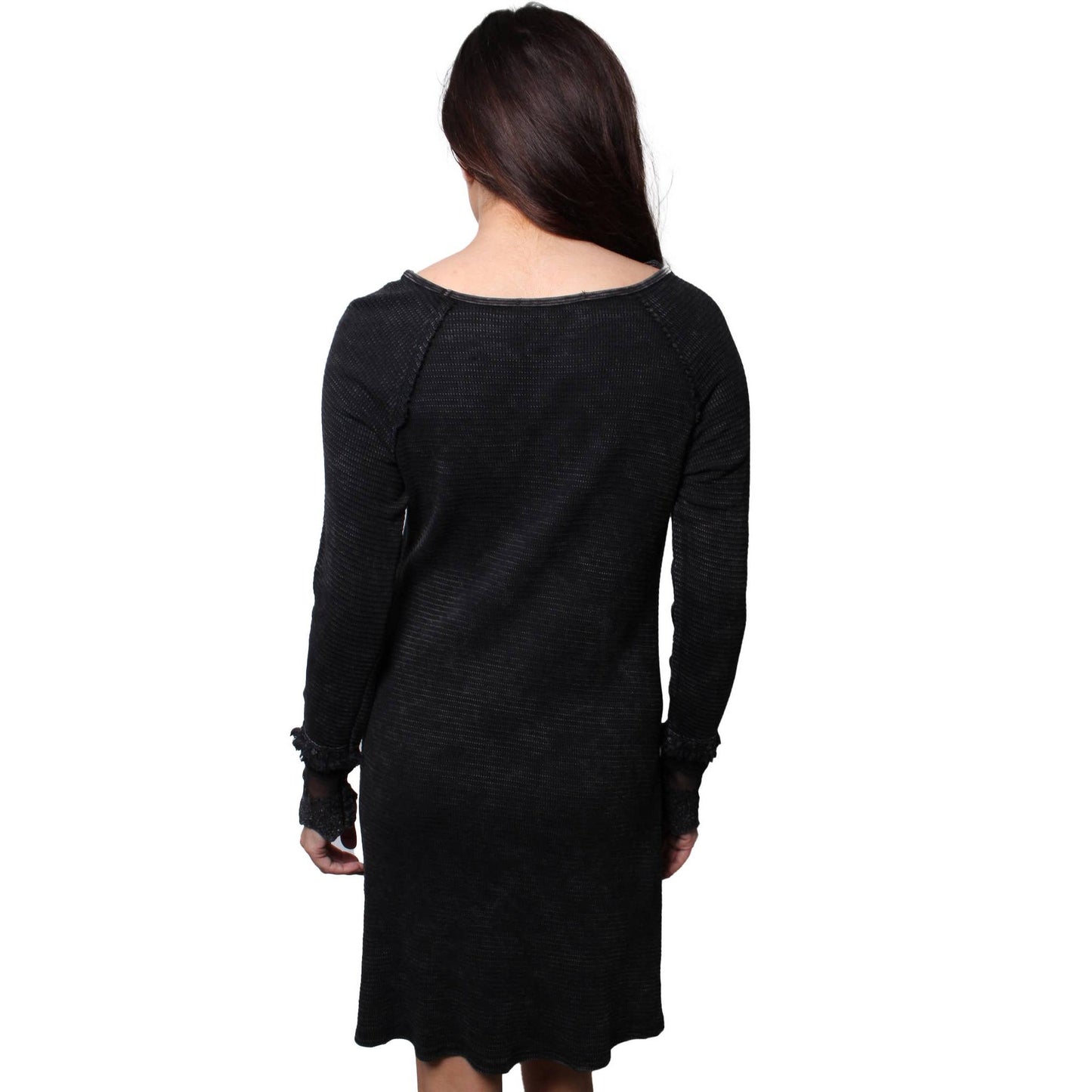 Ultimate '90s Princess Grunge Waffle Dress in Black with Lace Mesh Sleeve Detail | Y2K Mall Goth Long Sleeve Fall Winter Dress [SM-XL]