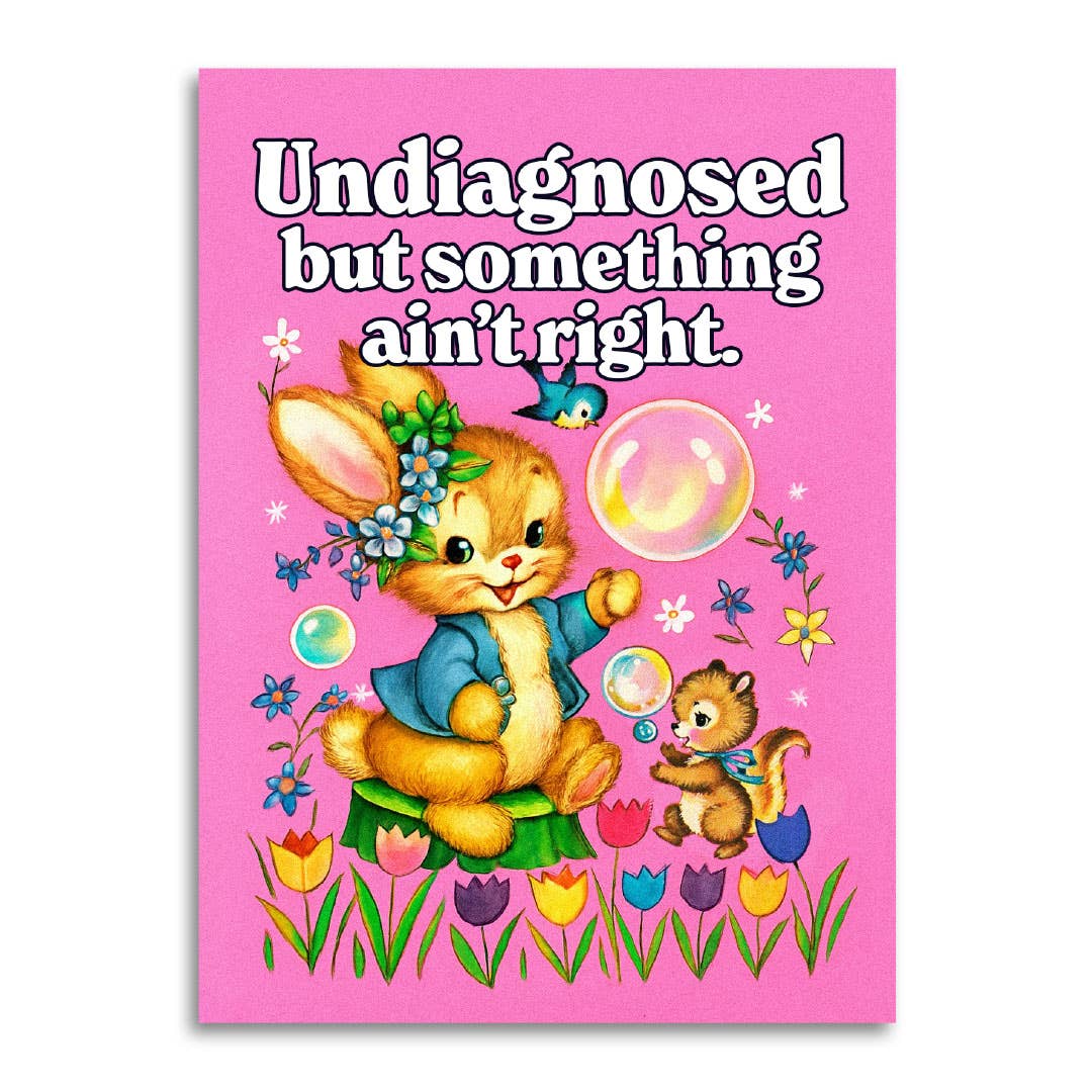 Cartoon rabbit and mouse with flowers and bubbles on a pink background with text.