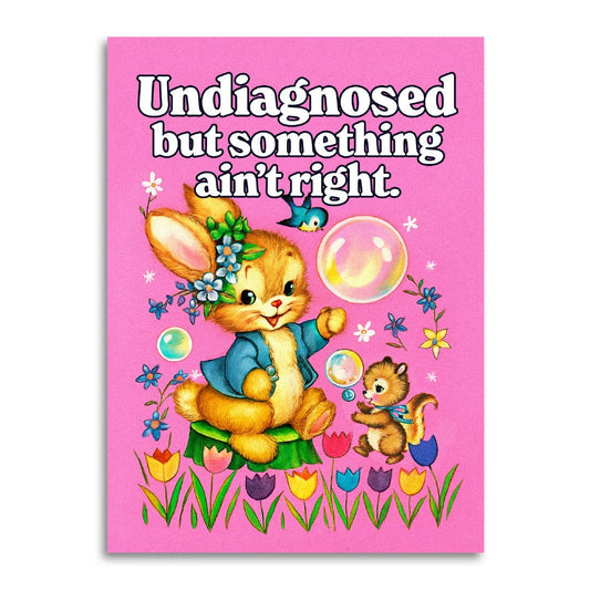 Cartoon rabbit and mouse with flowers and bubbles on a pink background with text.