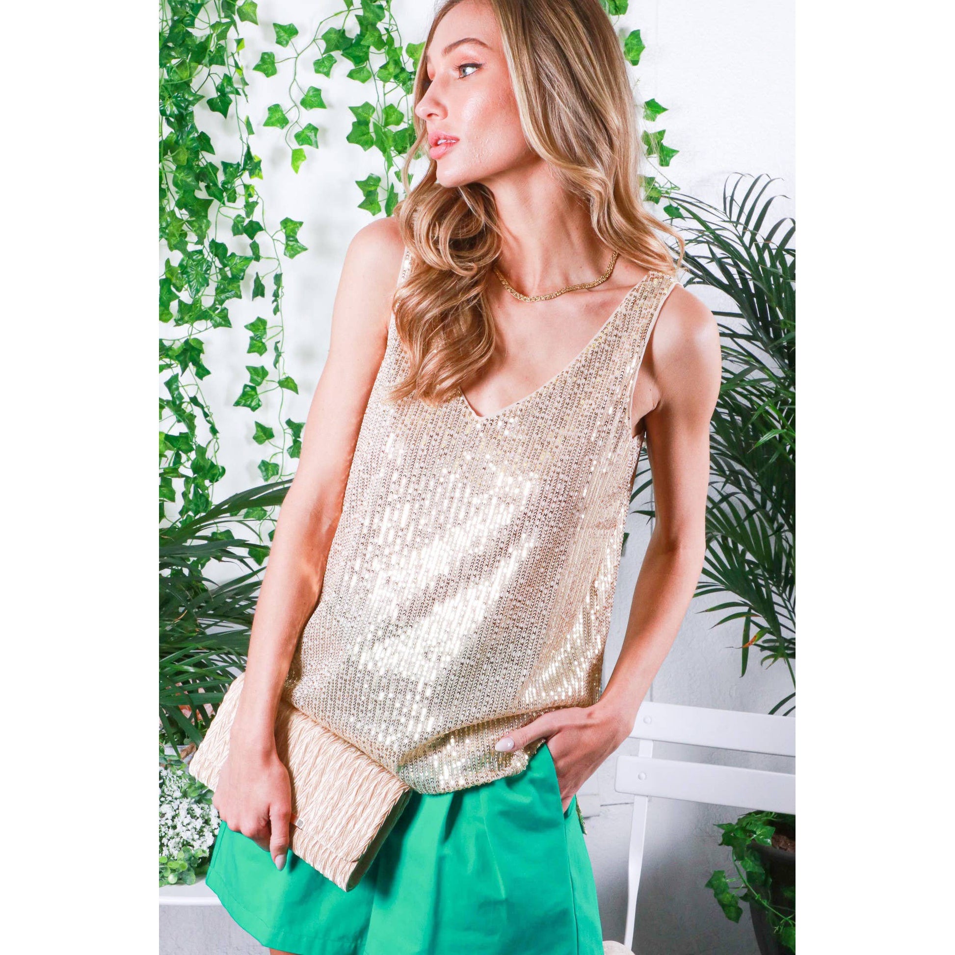 V-Neck Cut Back Sleeveless Sequin Tank Top [Available in Sizes SM-L]