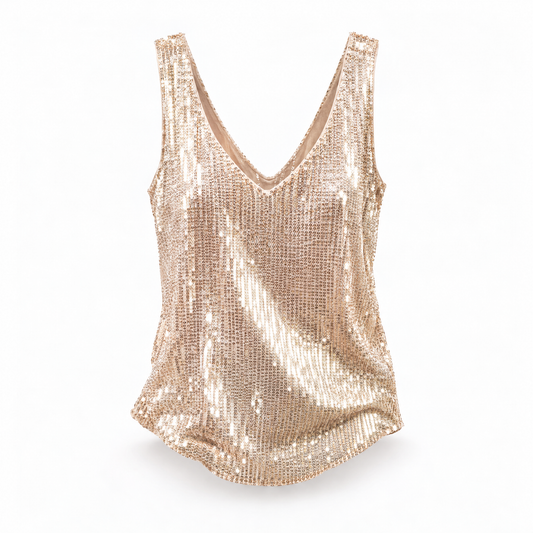 V-Neck Cut Back Sleeveless Sequin Tank Top [Available in Sizes SM-L]-Vine & Love-The Bullish Store