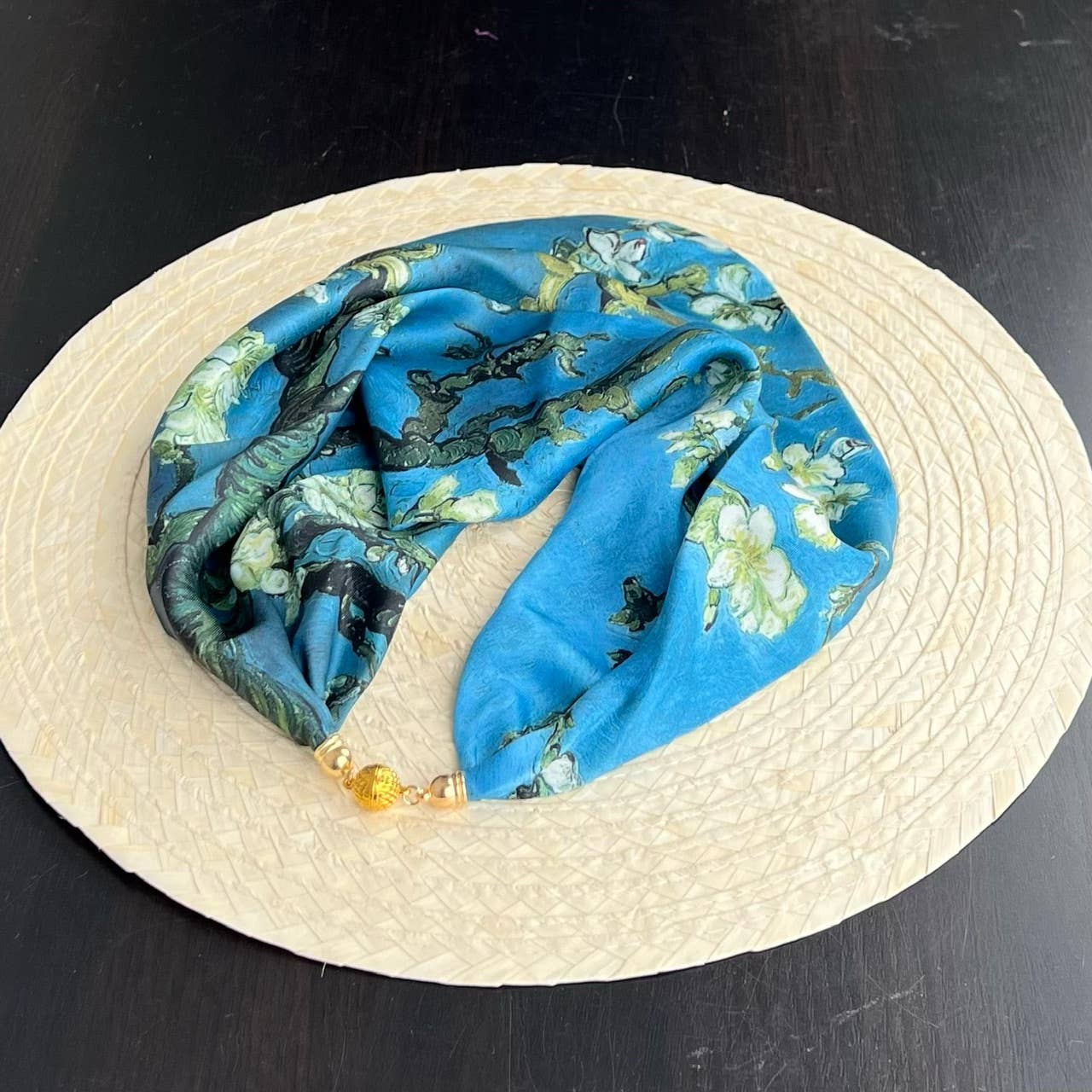 Van Gogh Almond Blossom Satin Pre-Tied Necklace Style Scarf with Magnetic Closure-Cathayana-The Bullish Store