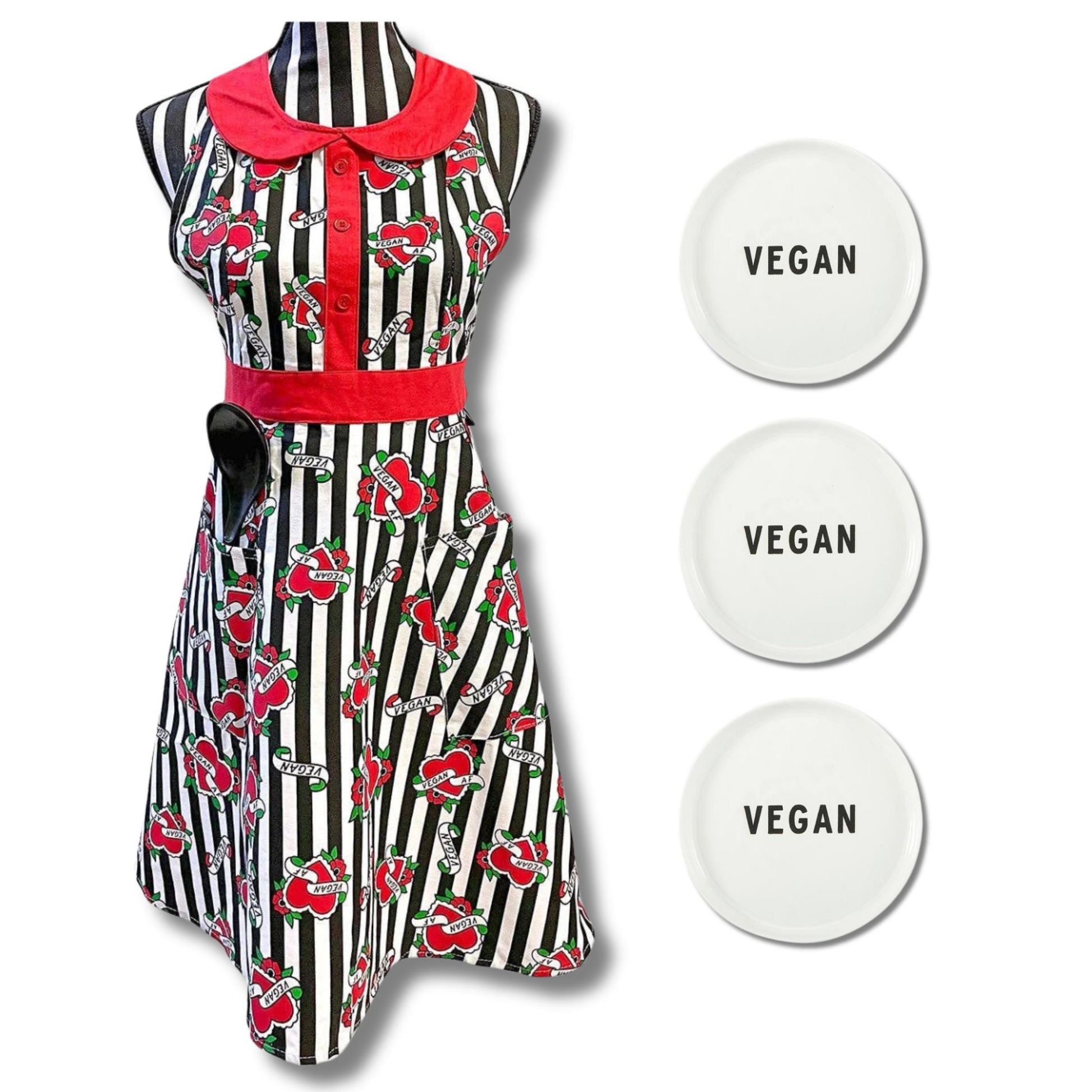 Vegan Kitchen Rockabilly Apron and Small Serving Plates Bundle