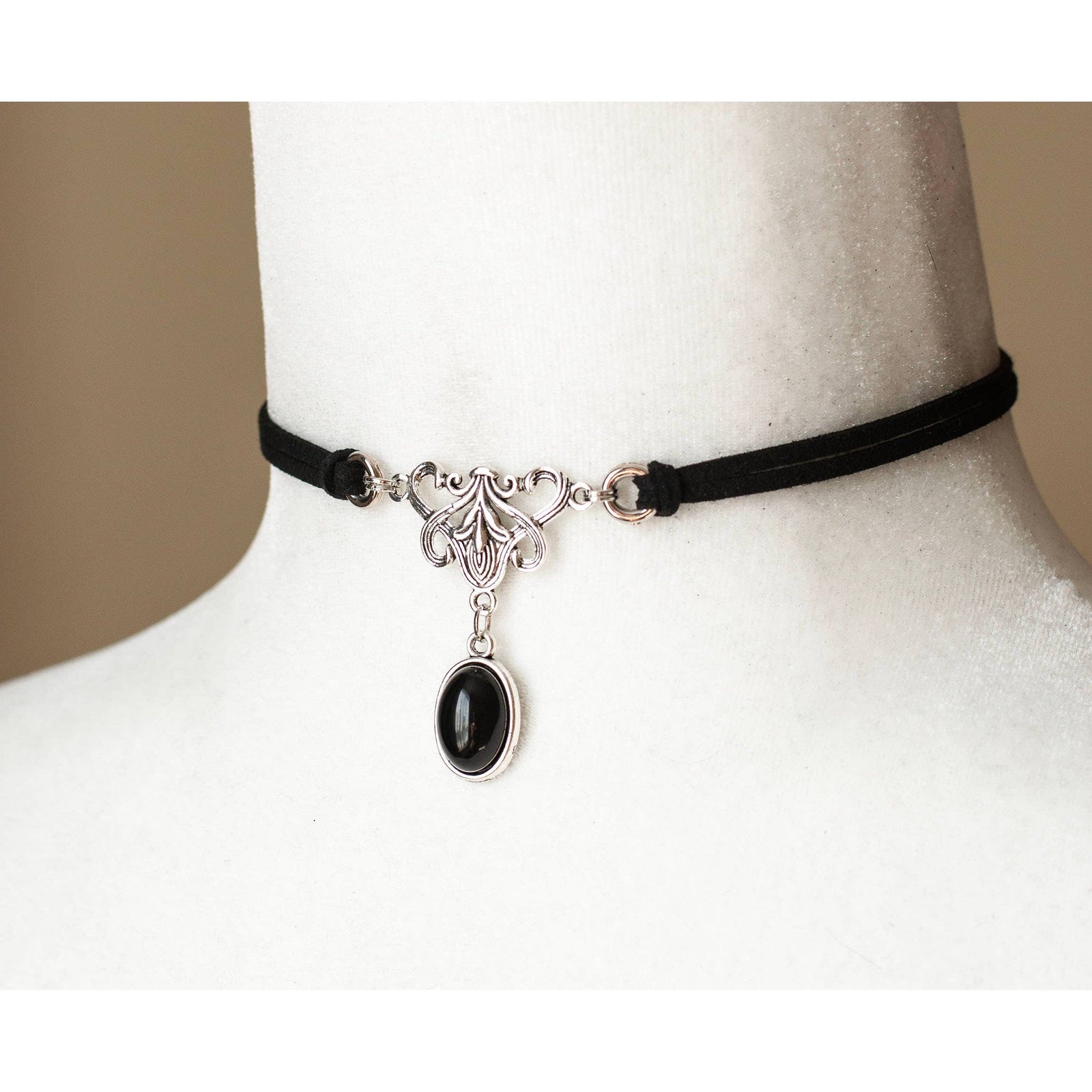 Vegan Suede Choker Necklace with Black Agate Gemstone