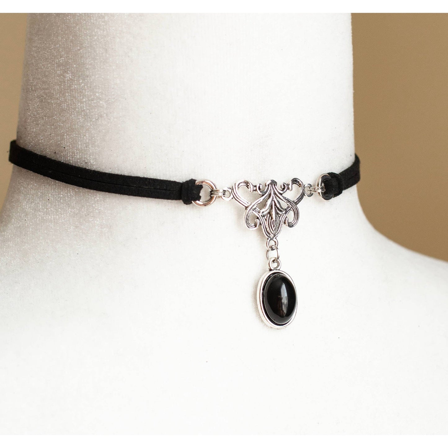 Vegan Suede Choker Necklace with Black Agate Gemstone