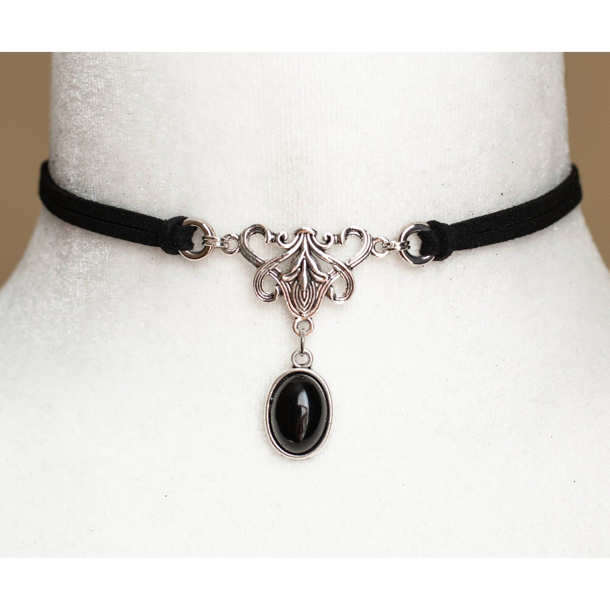 Vegan Suede Choker Necklace with Black Agate Gemstone