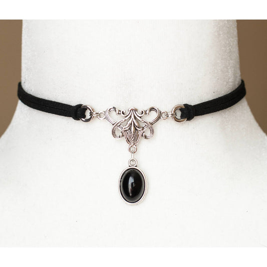 Vegan Suede Choker Necklace with Black Agate Gemstone