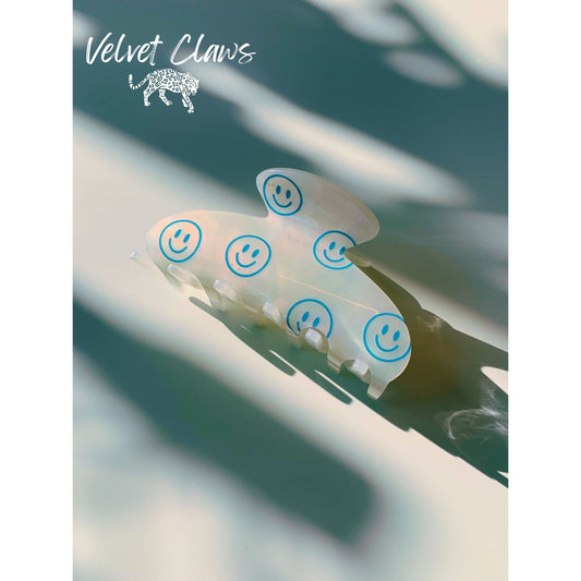 Velvet Claws 90s Hair Clip | Blue Joyful Emoji Face | Claw Clip in Velvet Travel Bag
