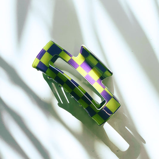 Velvet Claws Checkered Hair Claw in Yellow and Purple | Claw Clip in Velvet Travel Bag