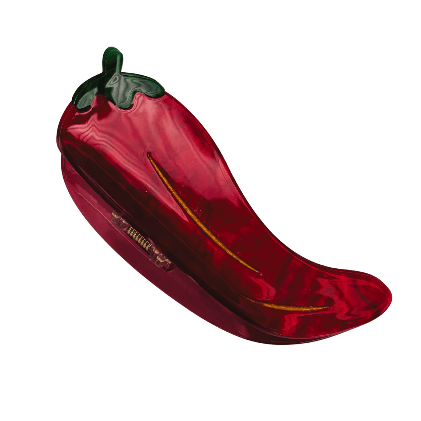 Red pepper-shaped hair crocodile on a white background