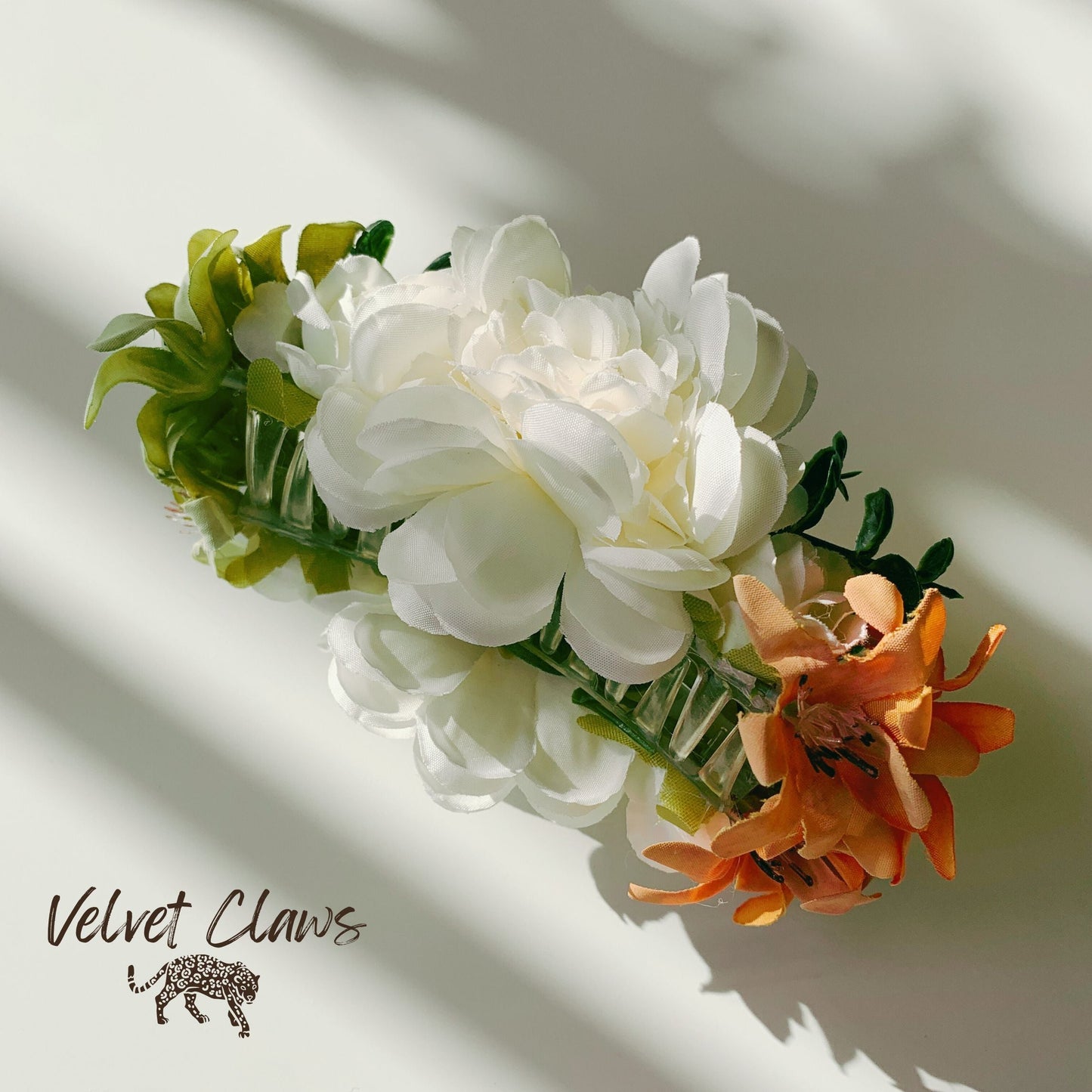 Velvet Claws Floral Hair Clip | Coral and White Blooms | Claw Clip in Velvet Travel Bag