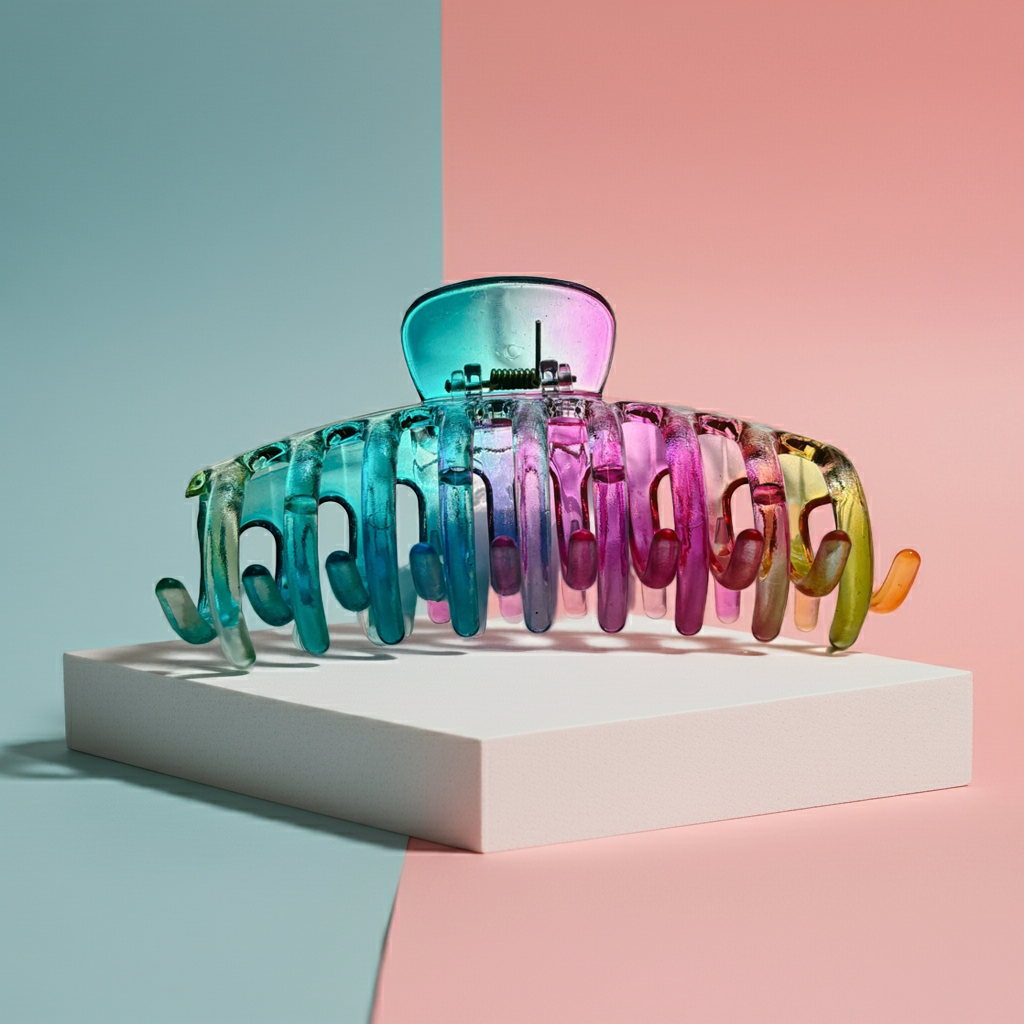 Multicolored hair clip on a white platform with a pink and blue gradient background