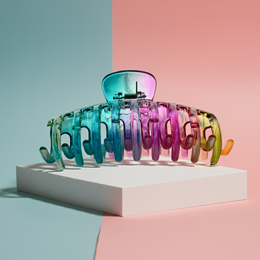 Multicolored hair clip on a white platform with a pink and blue gradient background