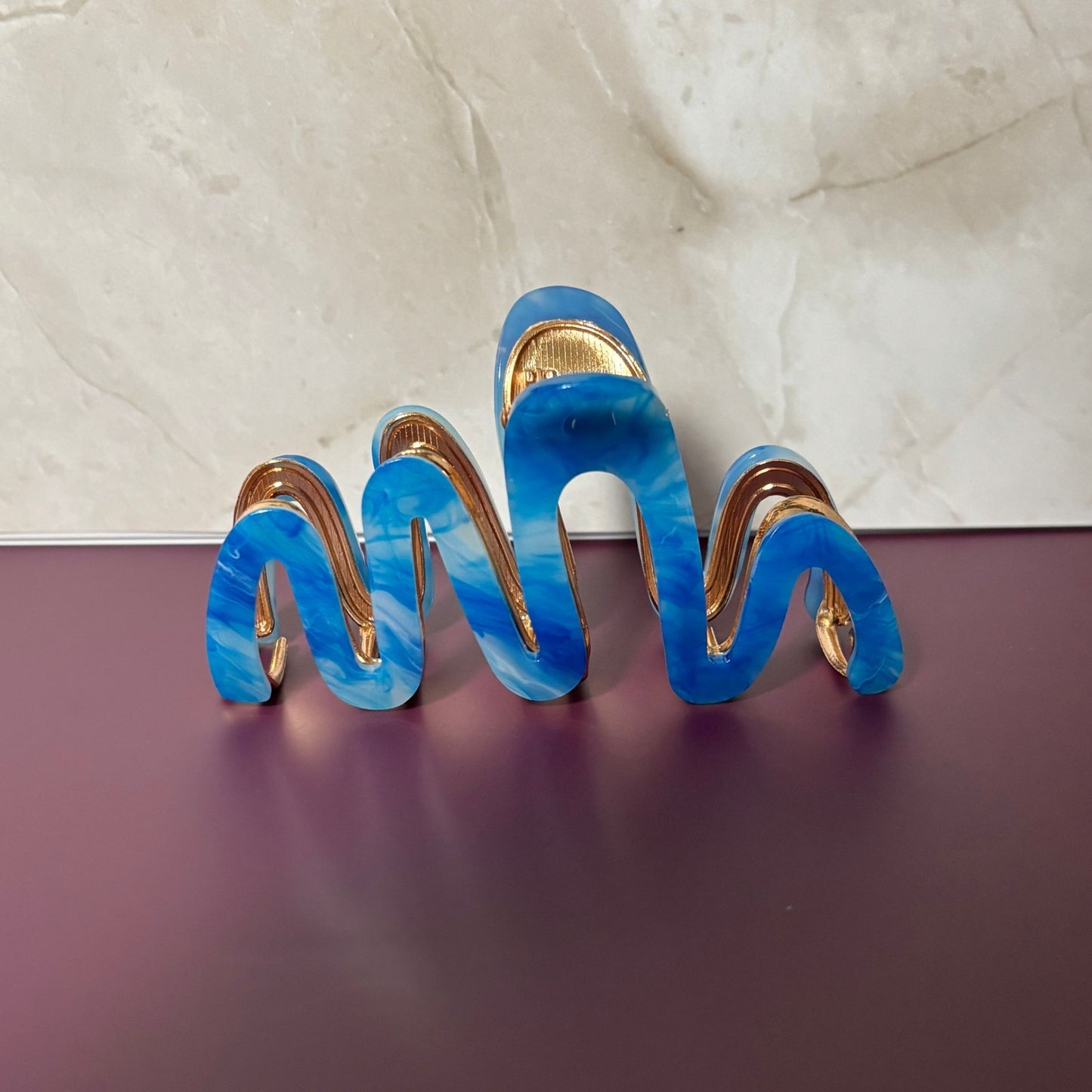 Velvet Claws Hair Clip | '80s Squiggle in Azure Sky | Claw Clip in Velvet Travel Bag