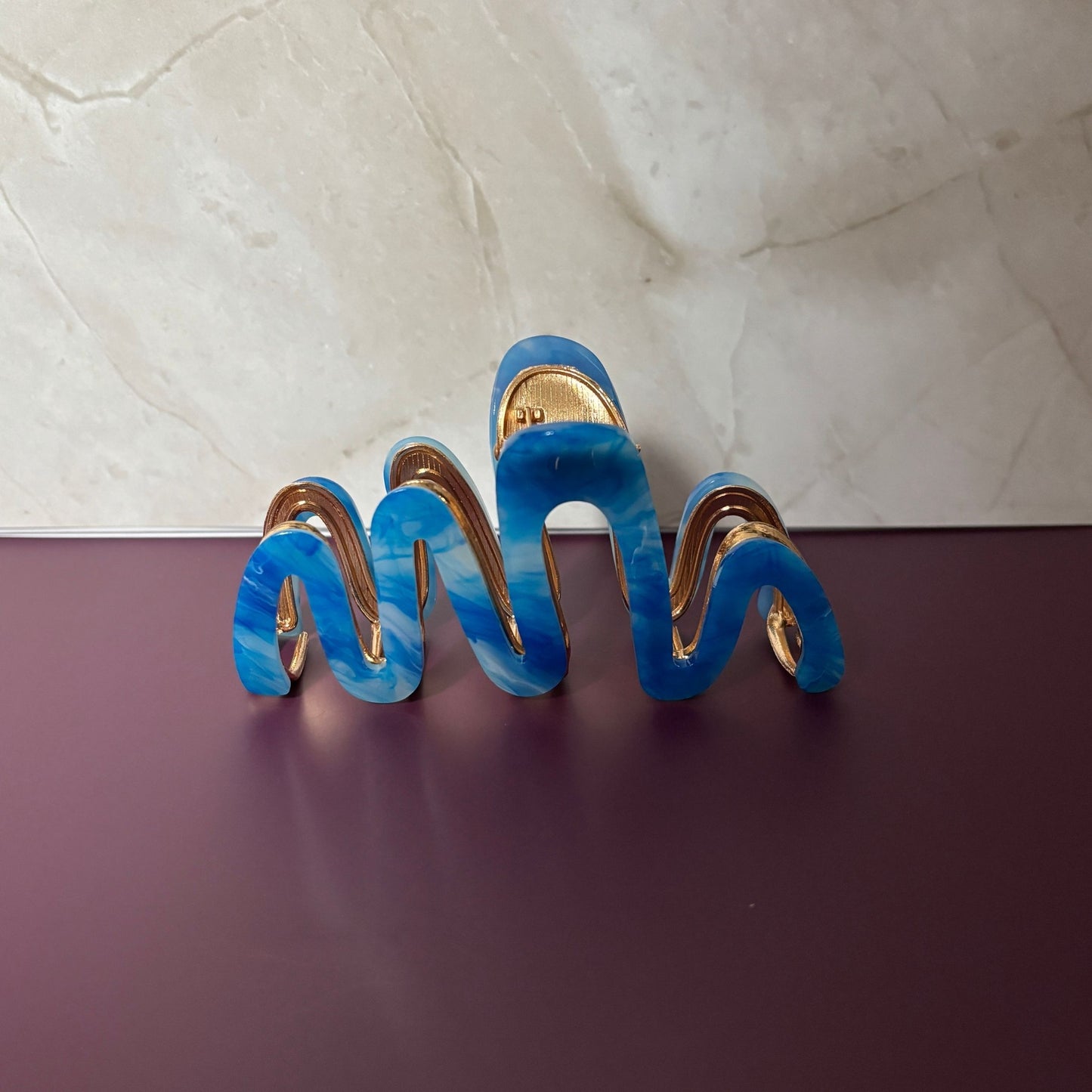 Velvet Claws Hair Clip | '80s Squiggle in Azure Sky | Claw Clip in Velvet Travel Bag