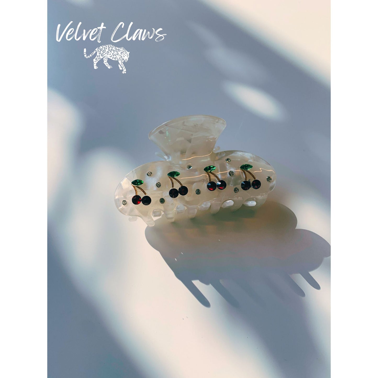Velvet Claws Hair Clip | Cherries in Crystal White | Claw Clip in Velvet Travel Bag