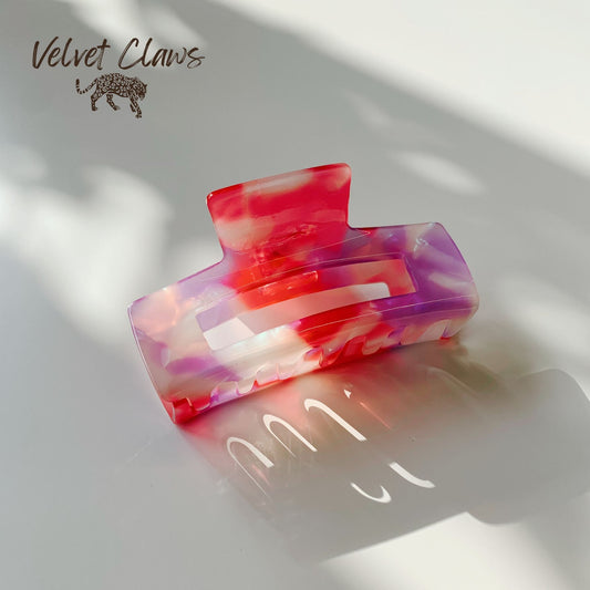 Velvet Claws Hair Clip | The Diana in Red, Purple and White Marble Pattern | Claw Clip in Velvet Travel Bag