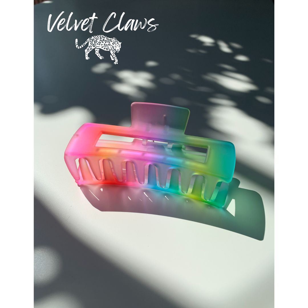 Velvet Claws Hair Clip | The Rainbow in Rectangular | Claw Clip in Velvet Travel Bag