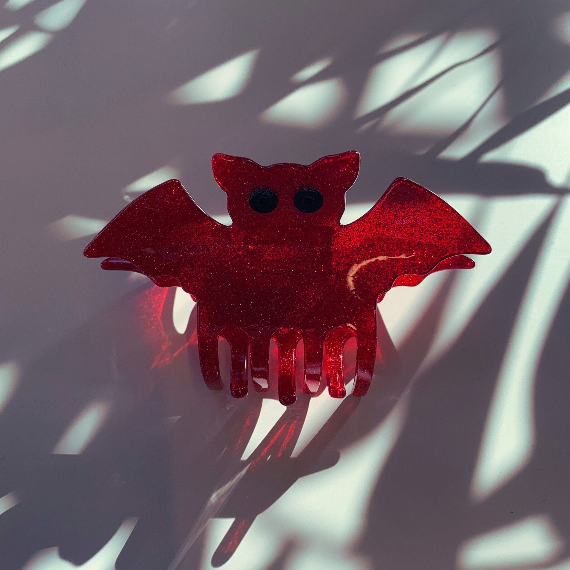 Velvet Claws Red Glitter Bat Mini Hair Claw | Claw Clip in Velvet Travel Bag