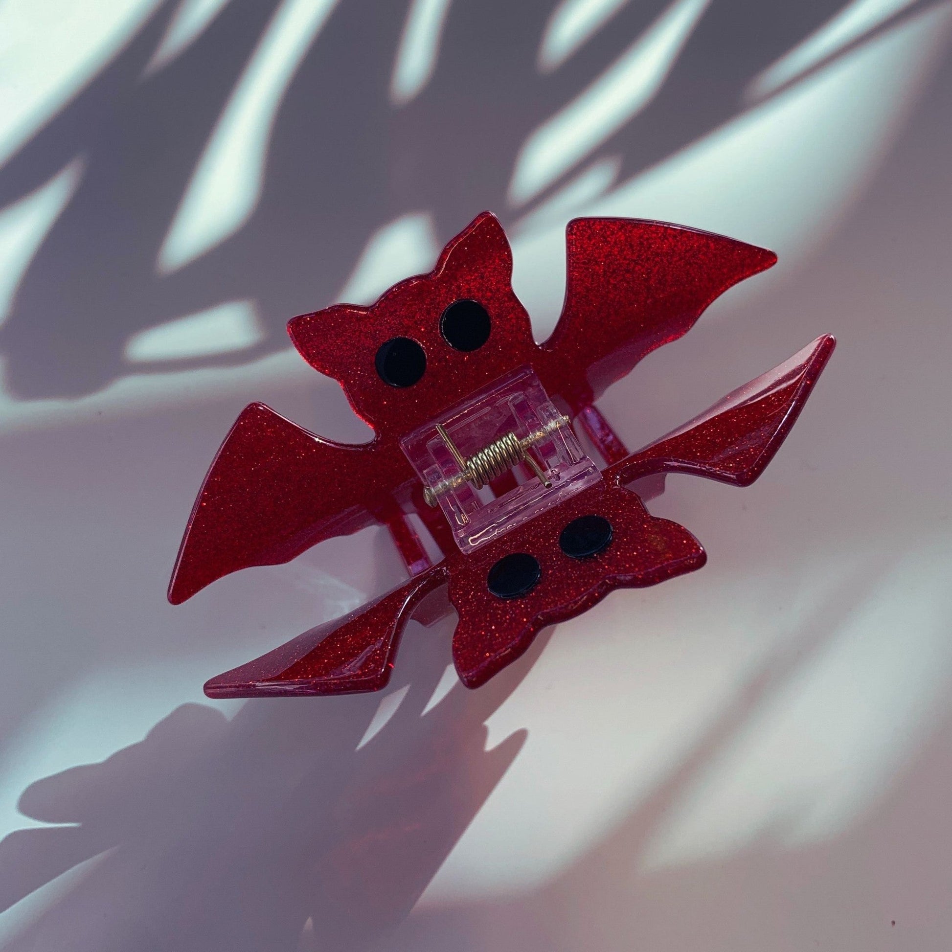 Velvet Claws Red Glitter Bat Mini Hair Claw | Claw Clip in Velvet Travel Bag