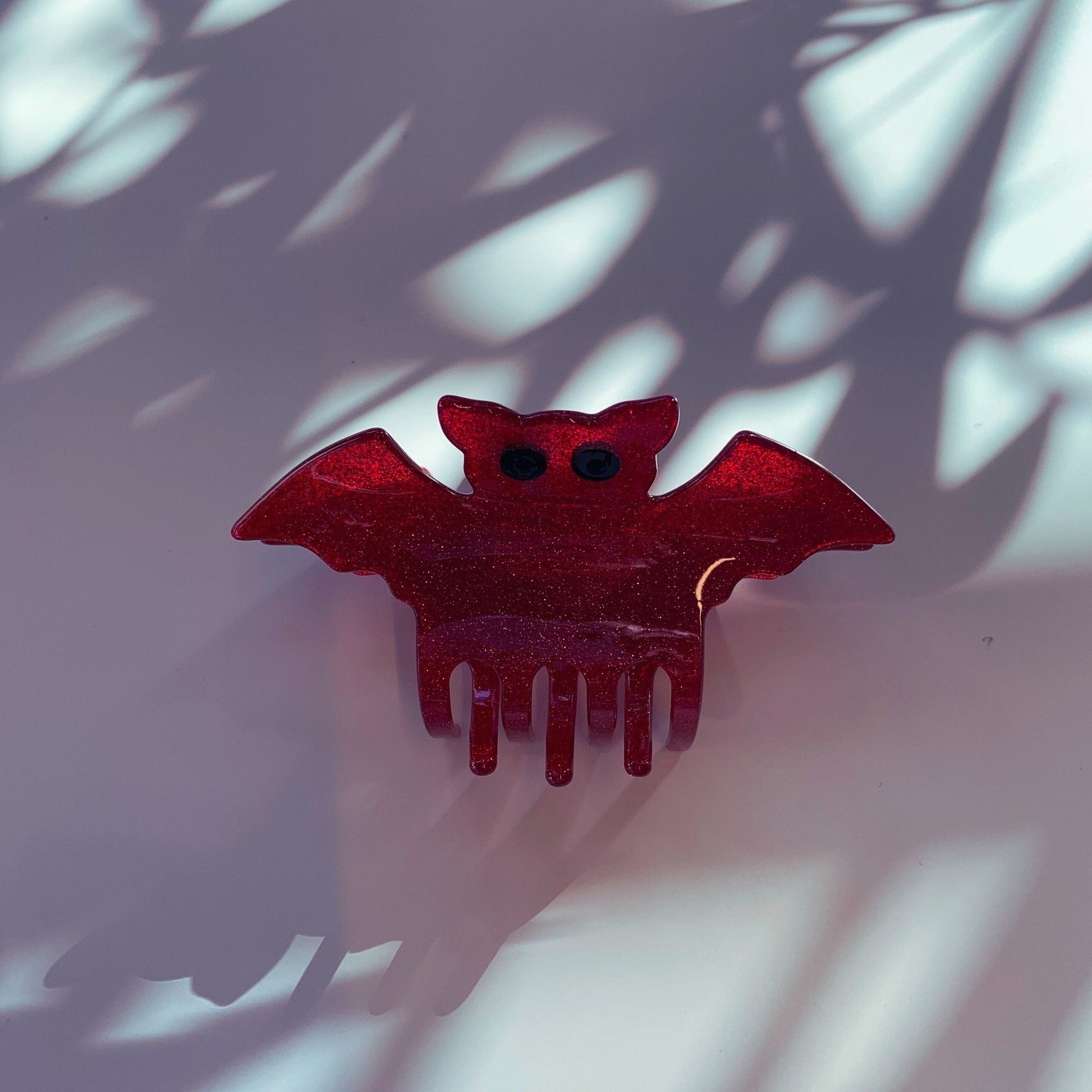 Velvet Claws Red Glitter Bat Mini Hair Claw | Claw Clip in Velvet Travel Bag