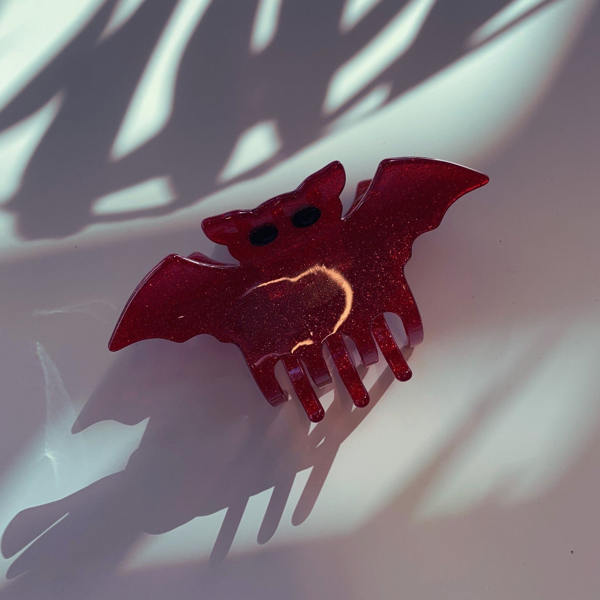 Velvet Claws Red Glitter Bat Mini Hair Claw | Claw Clip in Velvet Travel Bag