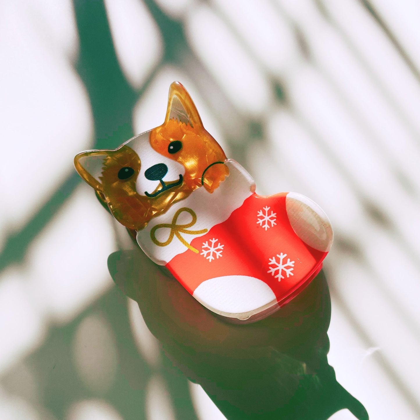 Velvet Claws Shiba Inu in a Christmas Stocking Hair Claw | Claw Clip in Velvet Travel Bag