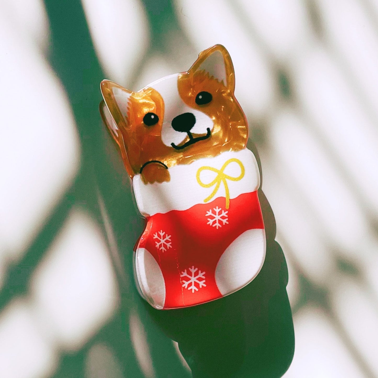 Velvet Claws Shiba Inu in a Christmas Stocking Hair Claw | Claw Clip in Velvet Travel Bag