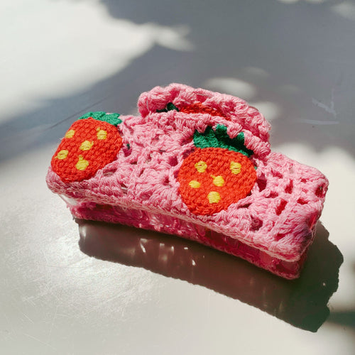 Velvet Claws Strawberry Granny Square Hair Claw | Claw Clip in Velvet Travel Bag