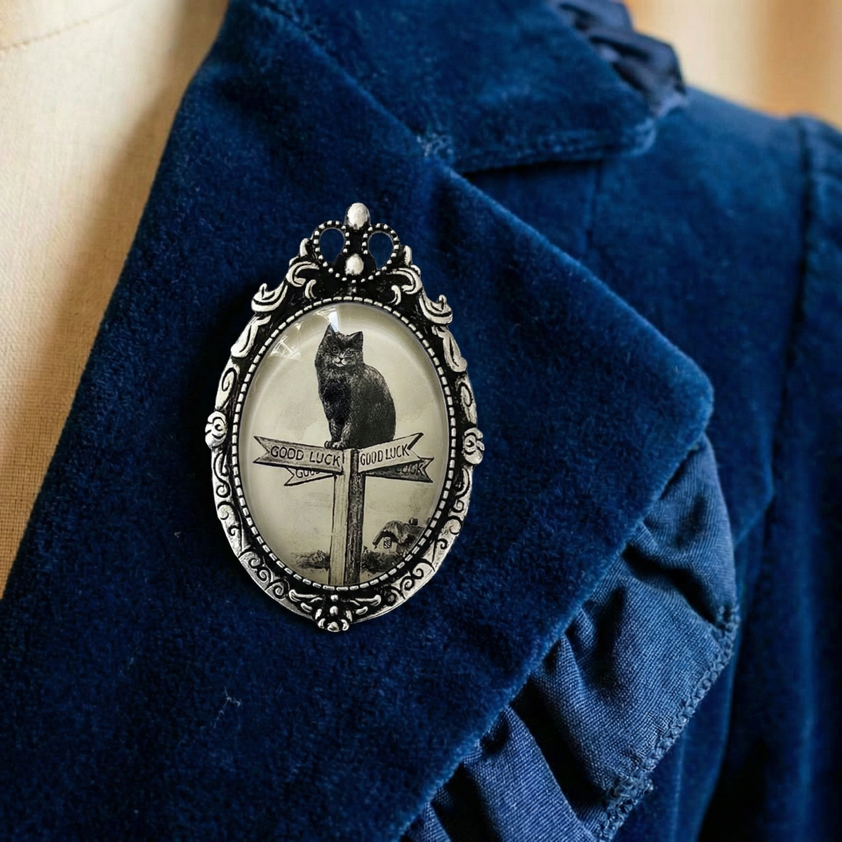 Victorian Black Cat Good Luck Sign Brooch | Vintage Style Glass Cabochon Pin, Gothic Cat Jewelry