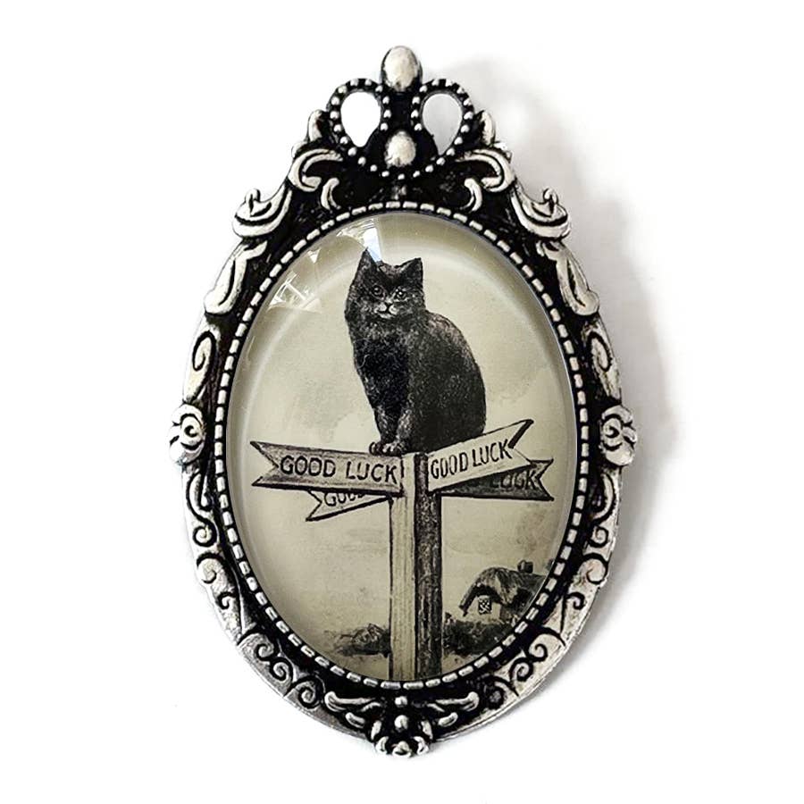 Victorian Black Cat Good Luck Sign Brooch | Vintage Style Glass Cabochon Pin, Gothic Cat Jewelry