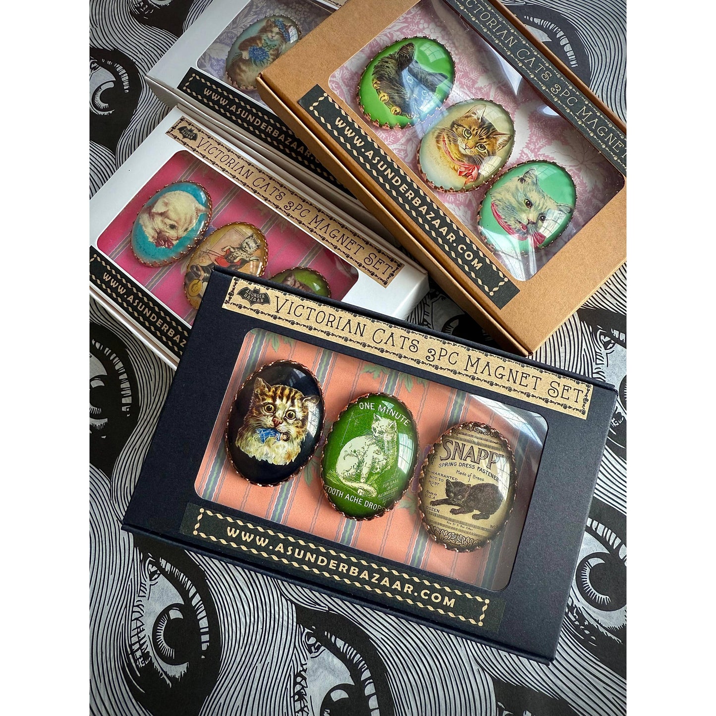 Victorian Cats 3-Piece Handmade Glass Magnets | 4 Styles